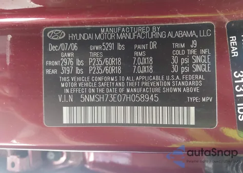 2007 Hyundai Santa Fe Limited/Se из США, поврежденный, VIN 5NMSH73E07H058945